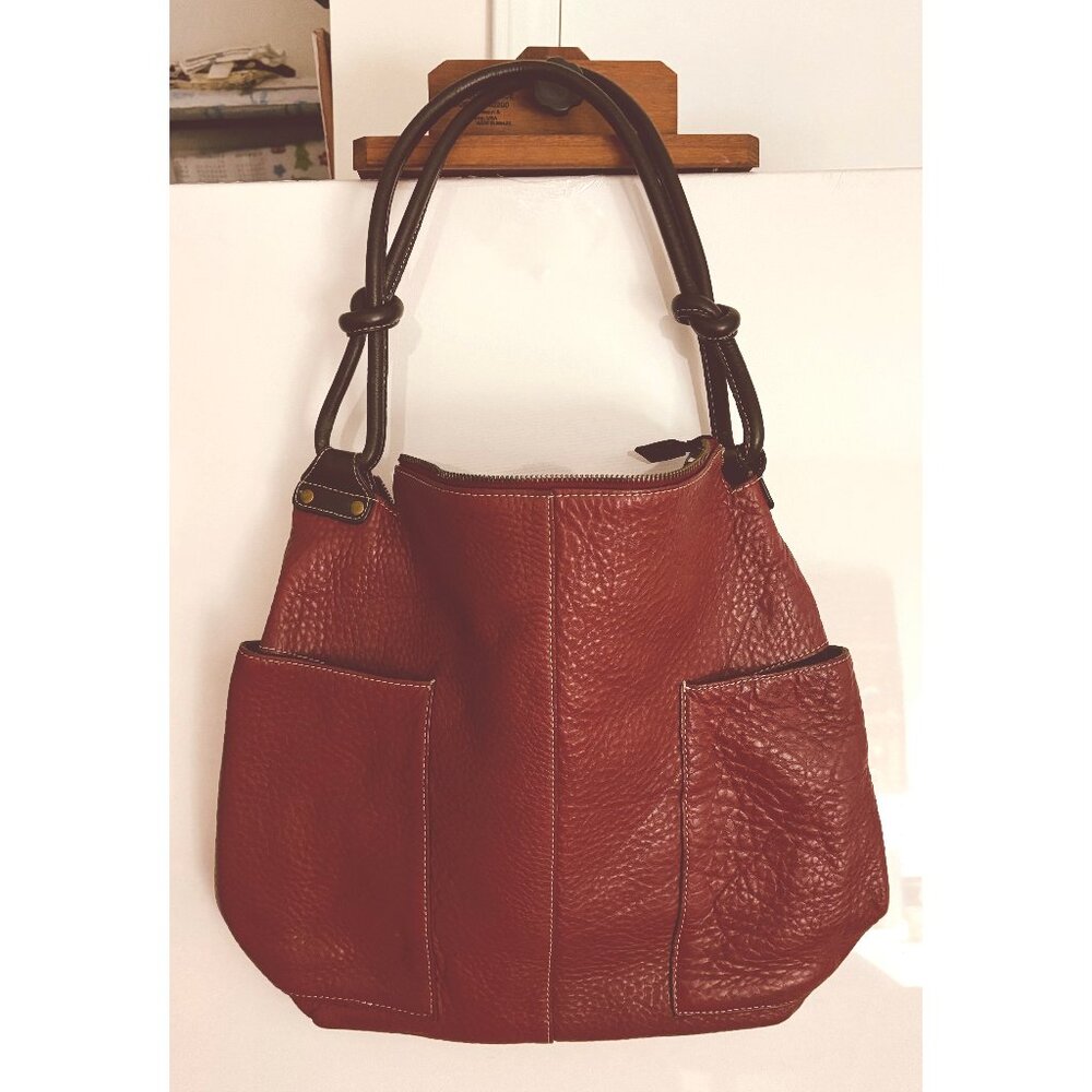 Sundance Catalog Red Pebble Leather bucket bag with big side pockets - Picture 1 of 5
